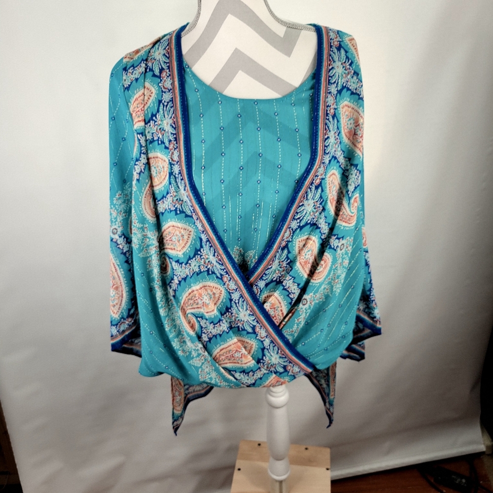 Chicos Faux Wrap Top Teal Paisley Flutter Sleeve Hi low Front to back Size 2 - Picture 2 of 10